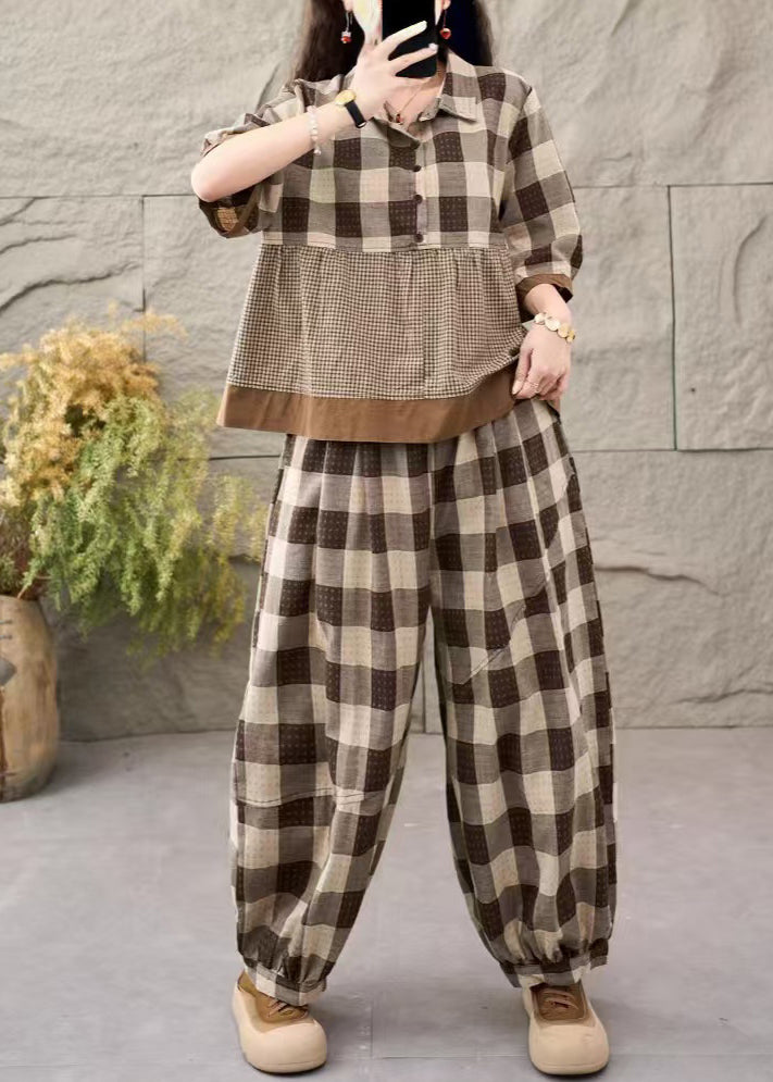 Boutique Khaki Plaid Patchwork Cotton Two Pieces Set Summer