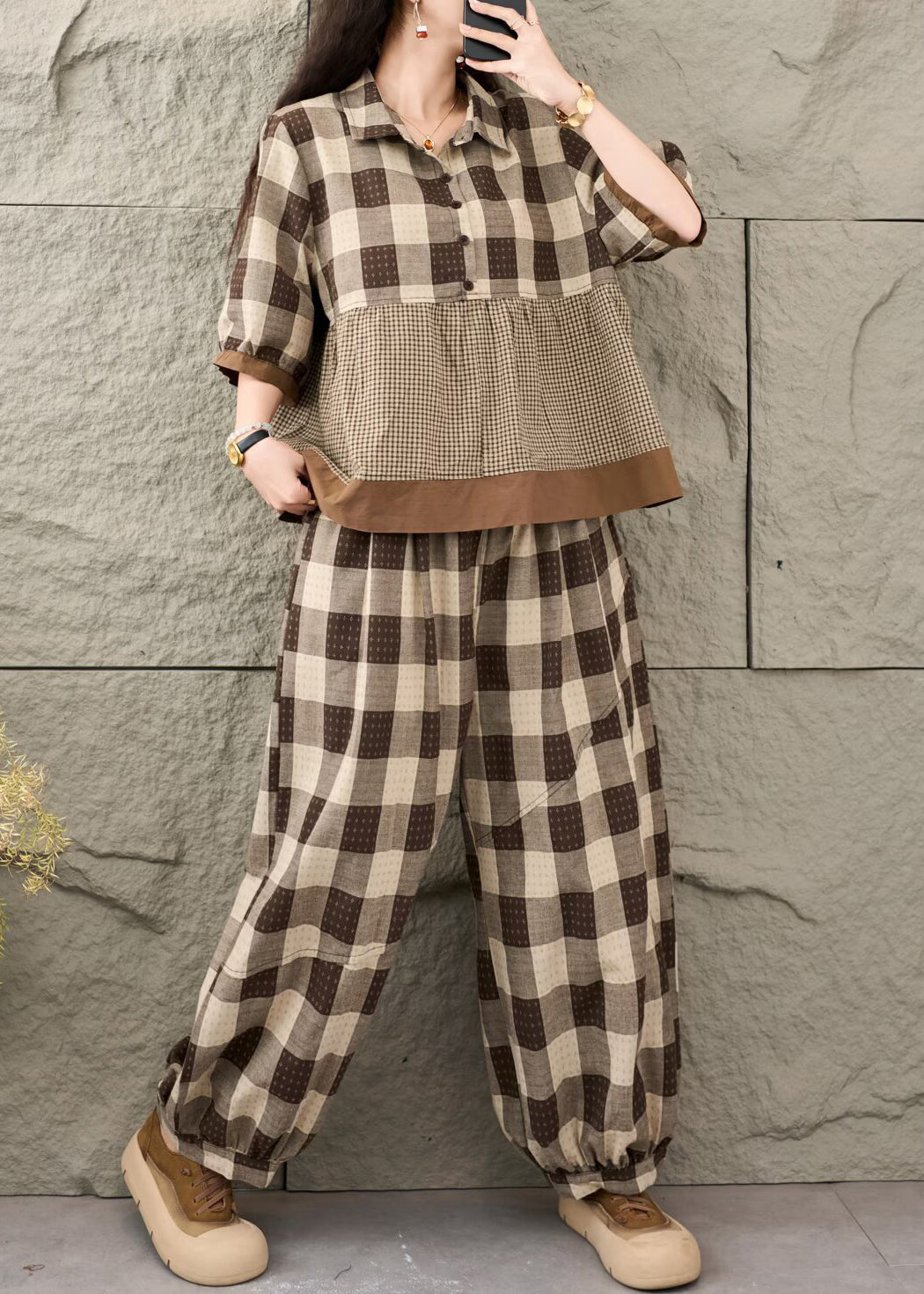 Boutique Khaki Plaid Patchwork Cotton Two Pieces Set Summer