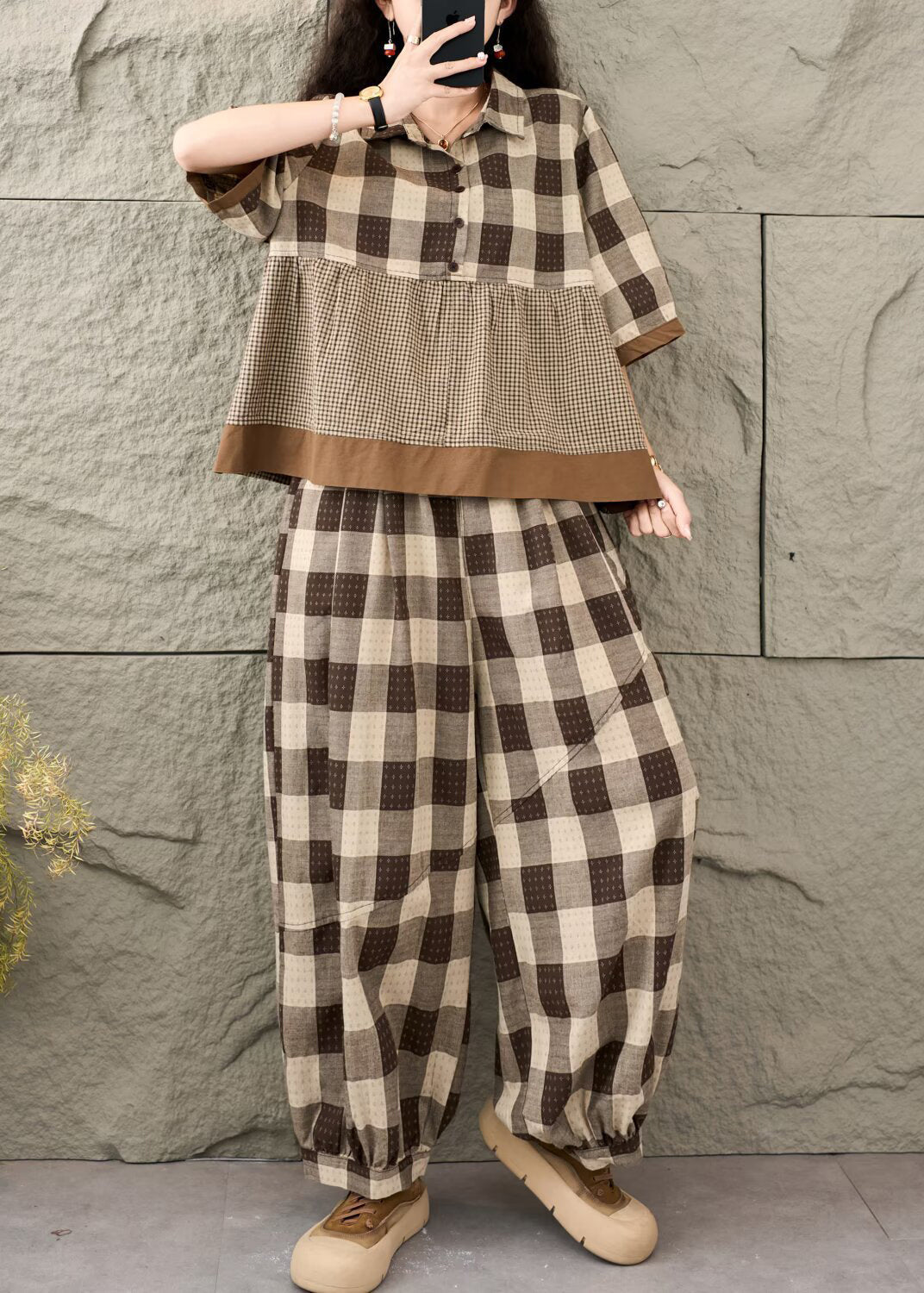Boutique Khaki Plaid Patchwork Cotton Two Pieces Set Summer