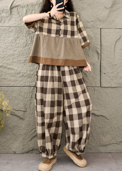 Boutique Khaki Plaid Patchwork Cotton Two Pieces Set Summer