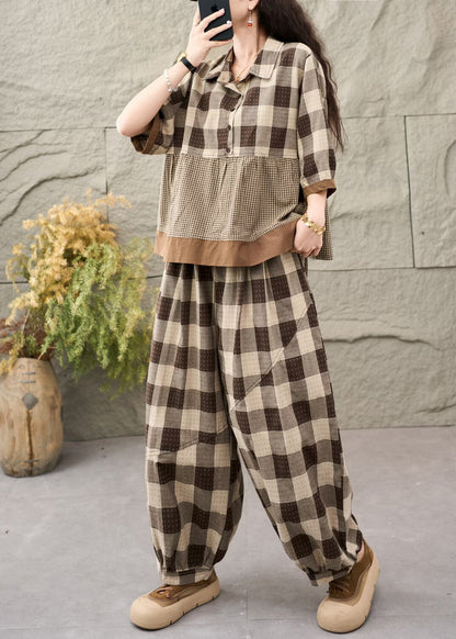 Boutique Khaki Plaid Patchwork Cotton Two Pieces Set Summer