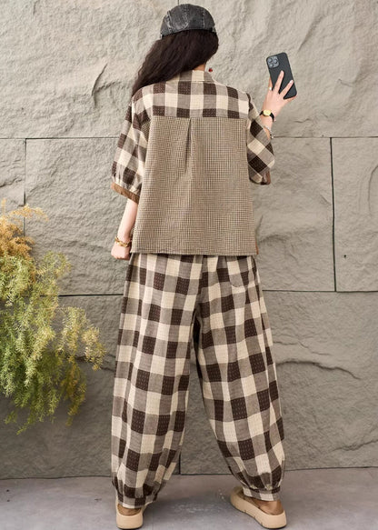 Boutique Khaki Plaid Patchwork Cotton Two Pieces Set Summer
