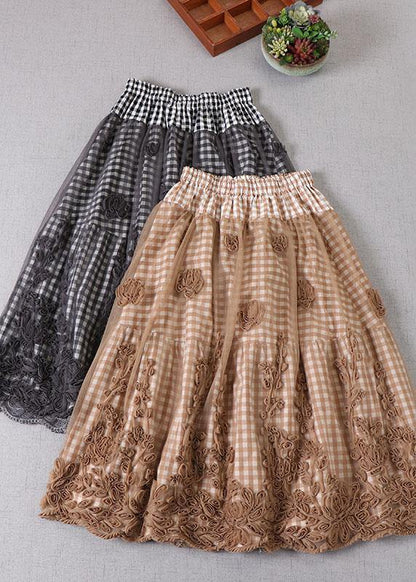 Boutique Khaki Plaid Tulle Patchwork Fall Floral Skirts - SooLinen