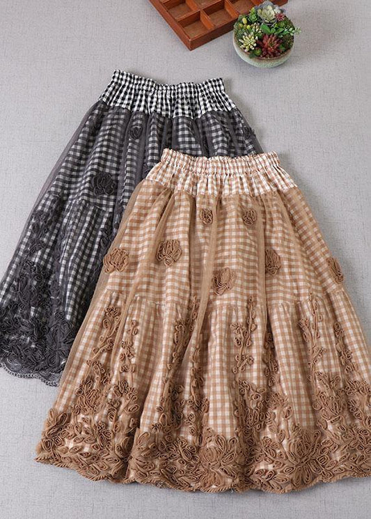 Boutique Khaki Plaid Tulle Patchwork Fall Floral Skirts - SooLinen