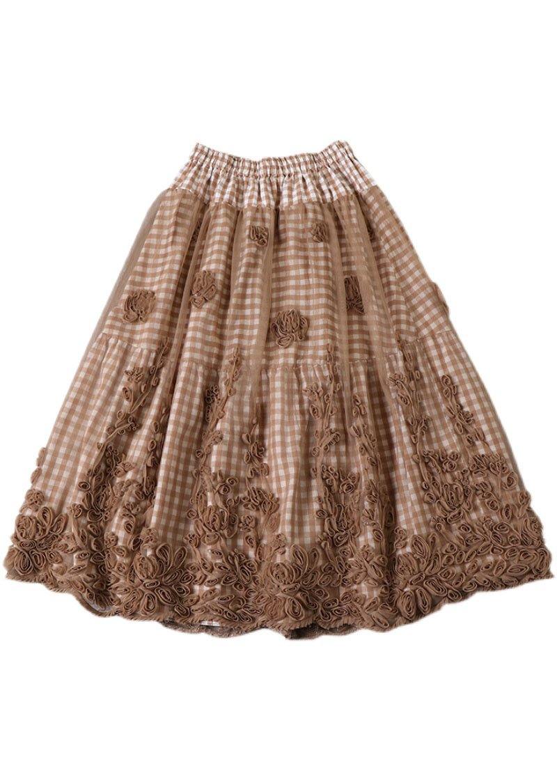 Boutique Khaki Plaid Tulle Patchwork Fall Floral Skirts - SooLinen