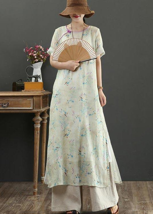 Boutique Khaki Print side open Vacation Summer Linen Dress - SooLinen