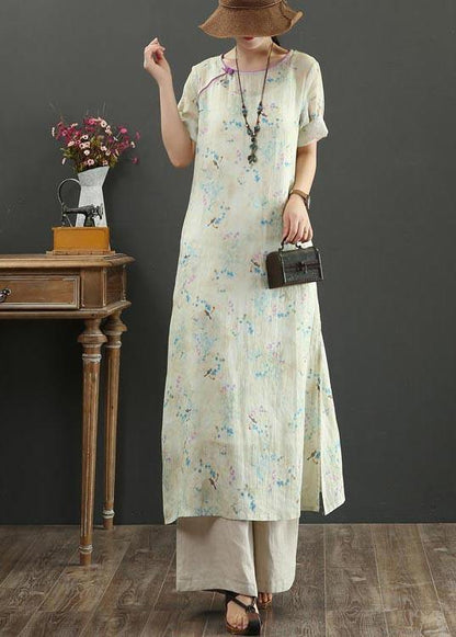 Boutique Khaki Print side open Vacation Summer Linen Dress - SooLinen
