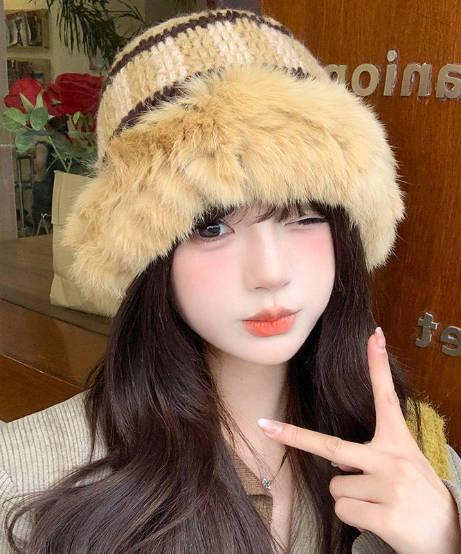 Boutique Khaki Rabbit Patchwork Knit Bucket Hat