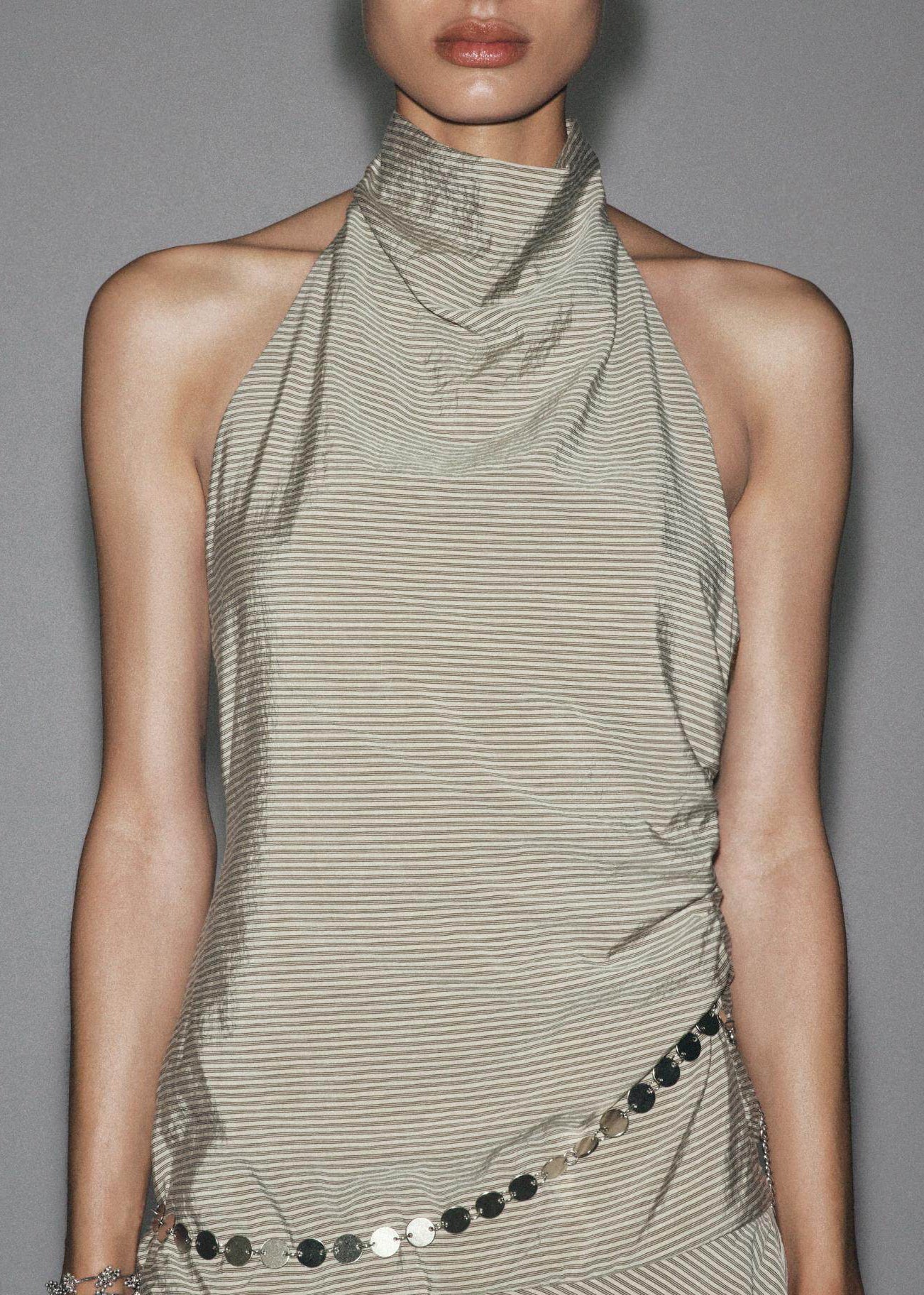 Boutique Khaki Striped Halter Chain Linked Cotton Mini Dress Summer