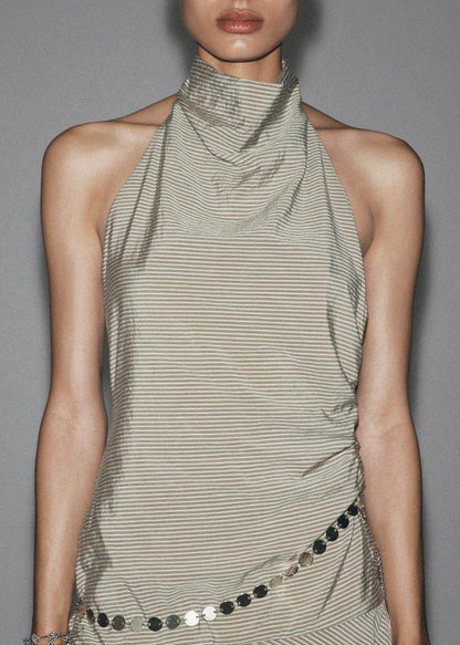 Boutique Khaki Striped Halter Chain Linked Cotton Mini Dress Summer