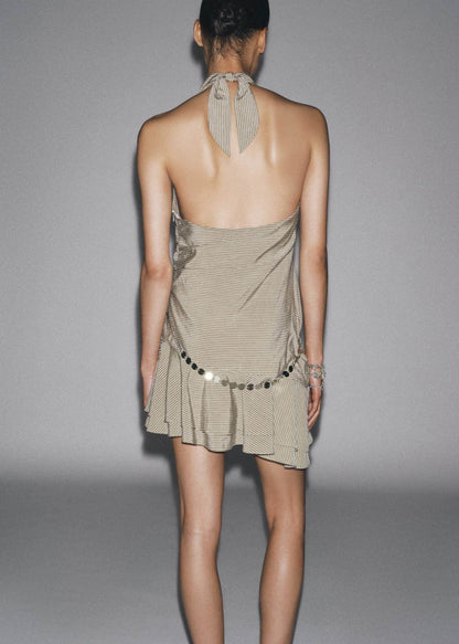 Boutique Khaki Striped Halter Chain Linked Cotton Mini Dress Summer