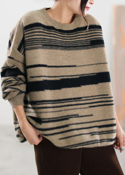 Boutique Khaki gestreiften Strickpullover Tops Winter