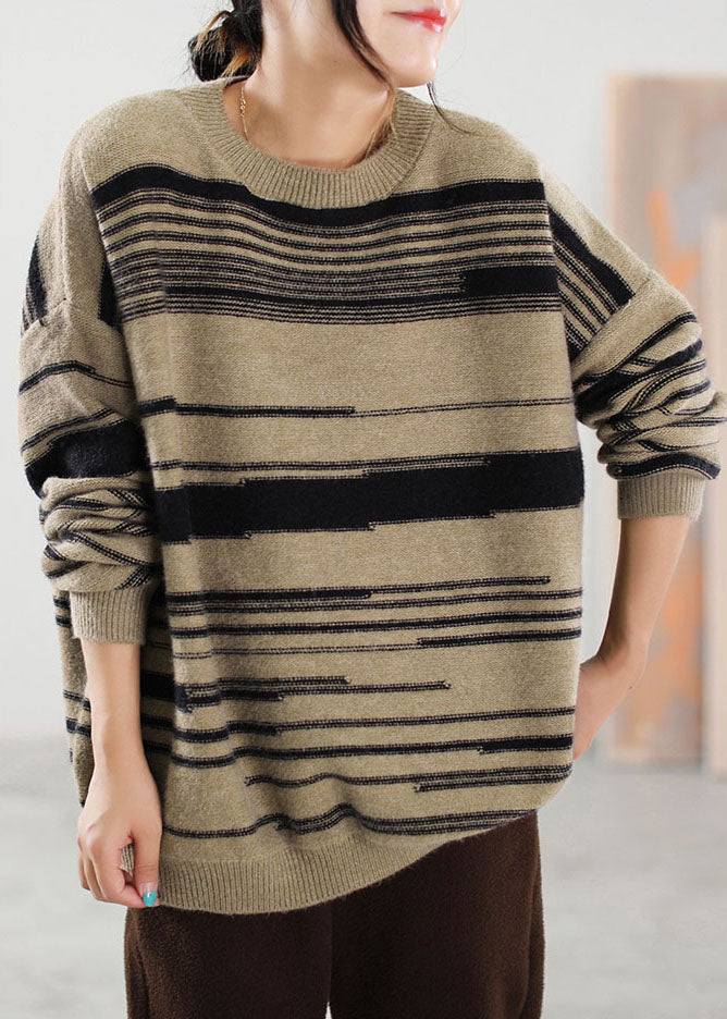 Boutique Khaki gestreiften Strickpullover Tops Winter