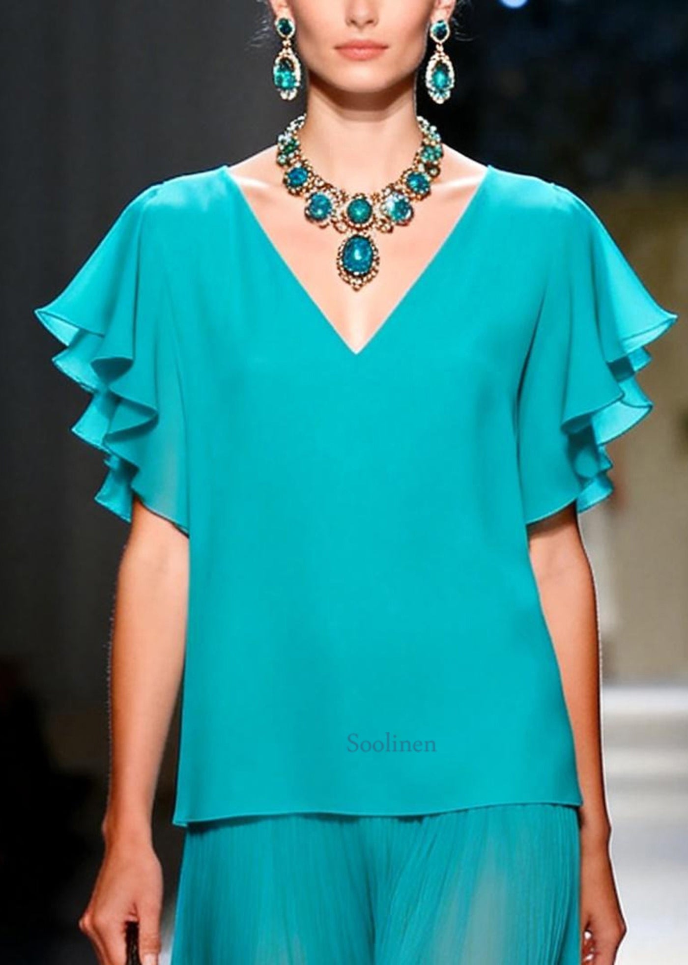 Boutique Lake Green Oversized Chiffon Two Pieces Set Butterfly Sleeve