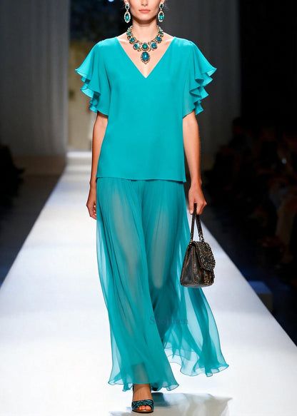 Boutique Lake Green Oversized Chiffon Two Pieces Set Butterfly Sleeve