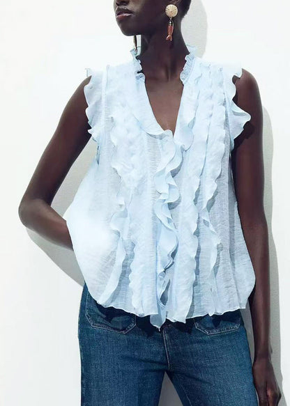 Boutique Light Blue V Neck Ruffled Cotton Shirt Summer