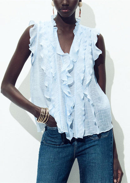 Boutique Light Blue V Neck Ruffled Cotton Shirt Summer