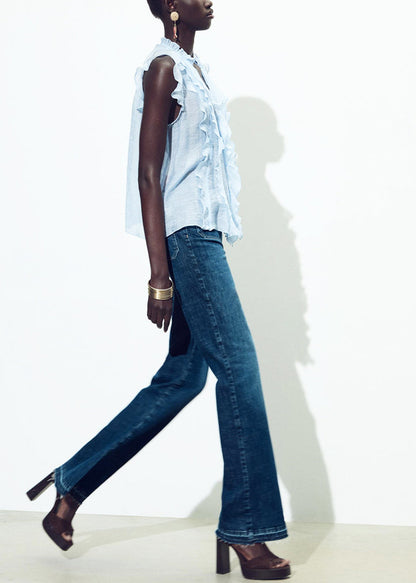 Boutique Light Blue V Neck Ruffled Cotton Shirt Summer