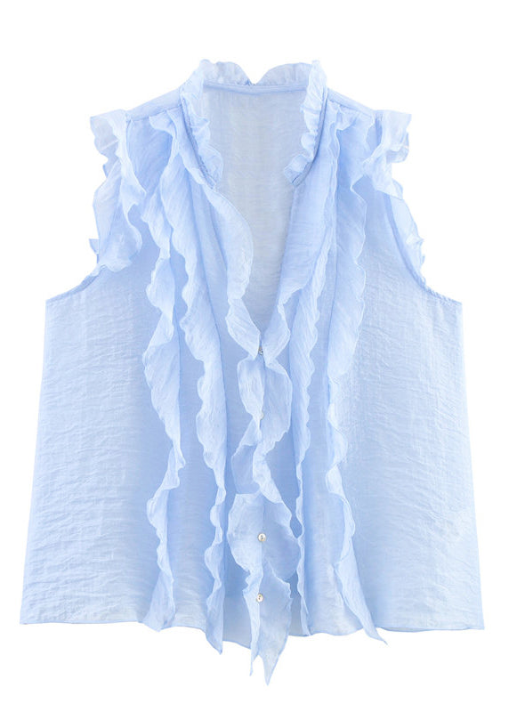 Boutique Light Blue V Neck Ruffled Cotton Shirt Summer