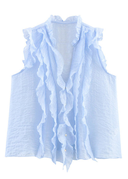 Boutique Light Blue V Neck Ruffled Cotton Shirt Summer