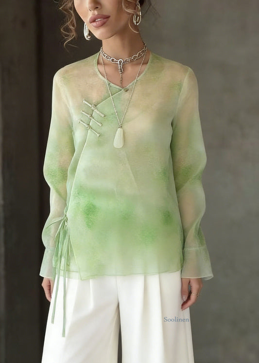 Boutique Light Green Tie Dye Tie Waist Silk Tops Flare Sleeve
