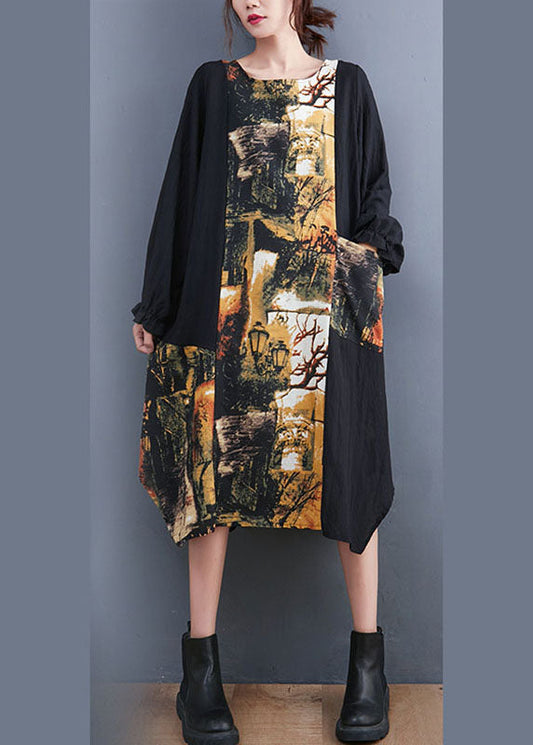 Boutique Light Yellow Patchwork Pockets Print Fall Long Sleeve Party Dress