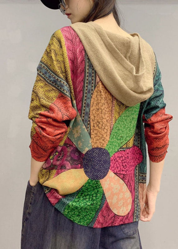 Boutique Lockerer Herbst-Strickpullover mit Kapuze und Print