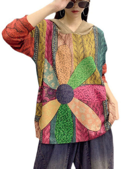 Boutique Lockerer Herbst-Strickpullover mit Kapuze und Print