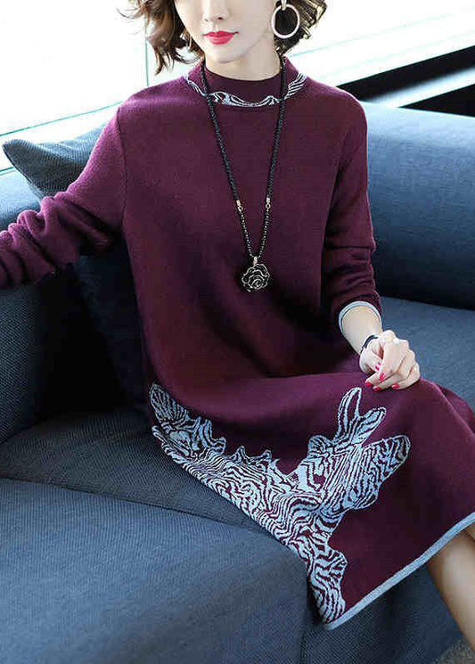 Boutique Mulberry O-Ausschnitt Jacquard Strickpullover Kleid Winter