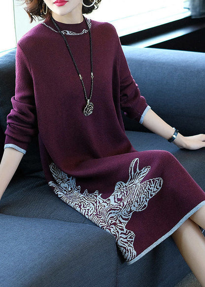 Boutique Mulberry O-Ausschnitt Jacquard Strickpullover Kleid Winter