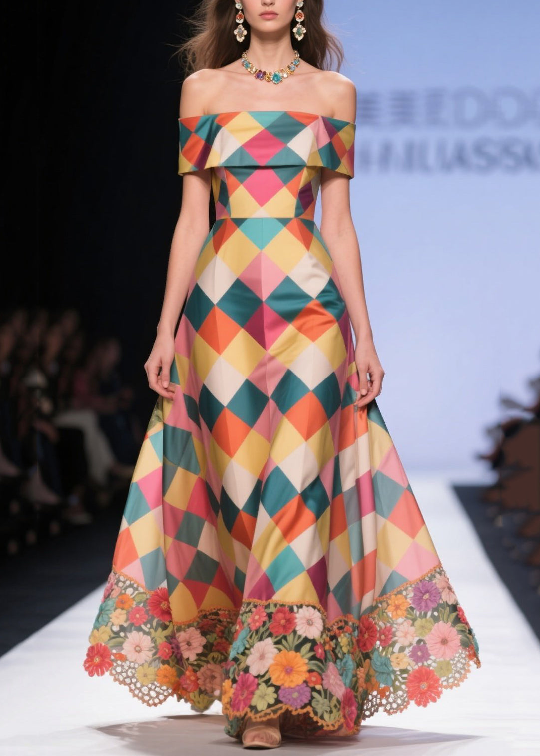 Boutique Multicolor Plaid Patchwork Embroidered Flower Silk Strapless Dress Summer