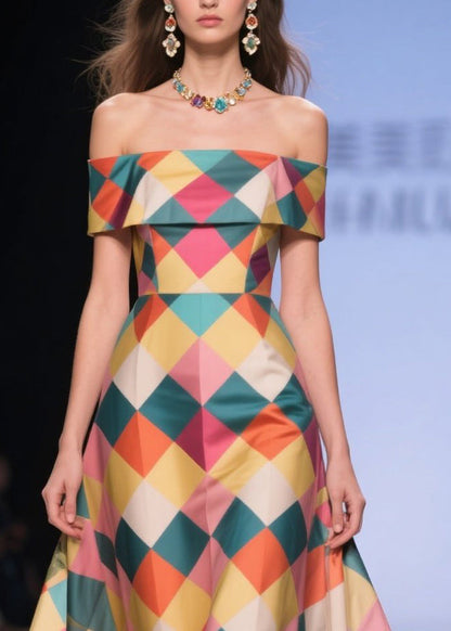 Boutique Multicolor Plaid Patchwork Embroidered Flower Silk Strapless Dress Summer