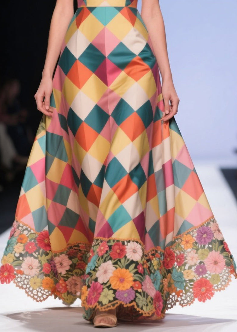 Boutique Multicolor Plaid Patchwork Embroidered Flower Silk Strapless Dress Summer