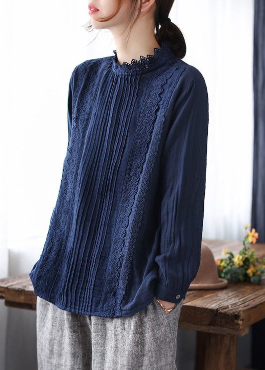 Boutique Navy Spitzen Patchwork Baumwolle Top Frühling