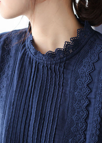 Boutique Navy Spitzen Patchwork Baumwolle Top Frühling