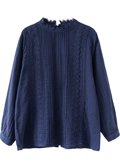 Boutique Navy Spitzen Patchwork Baumwolle Top Frühling