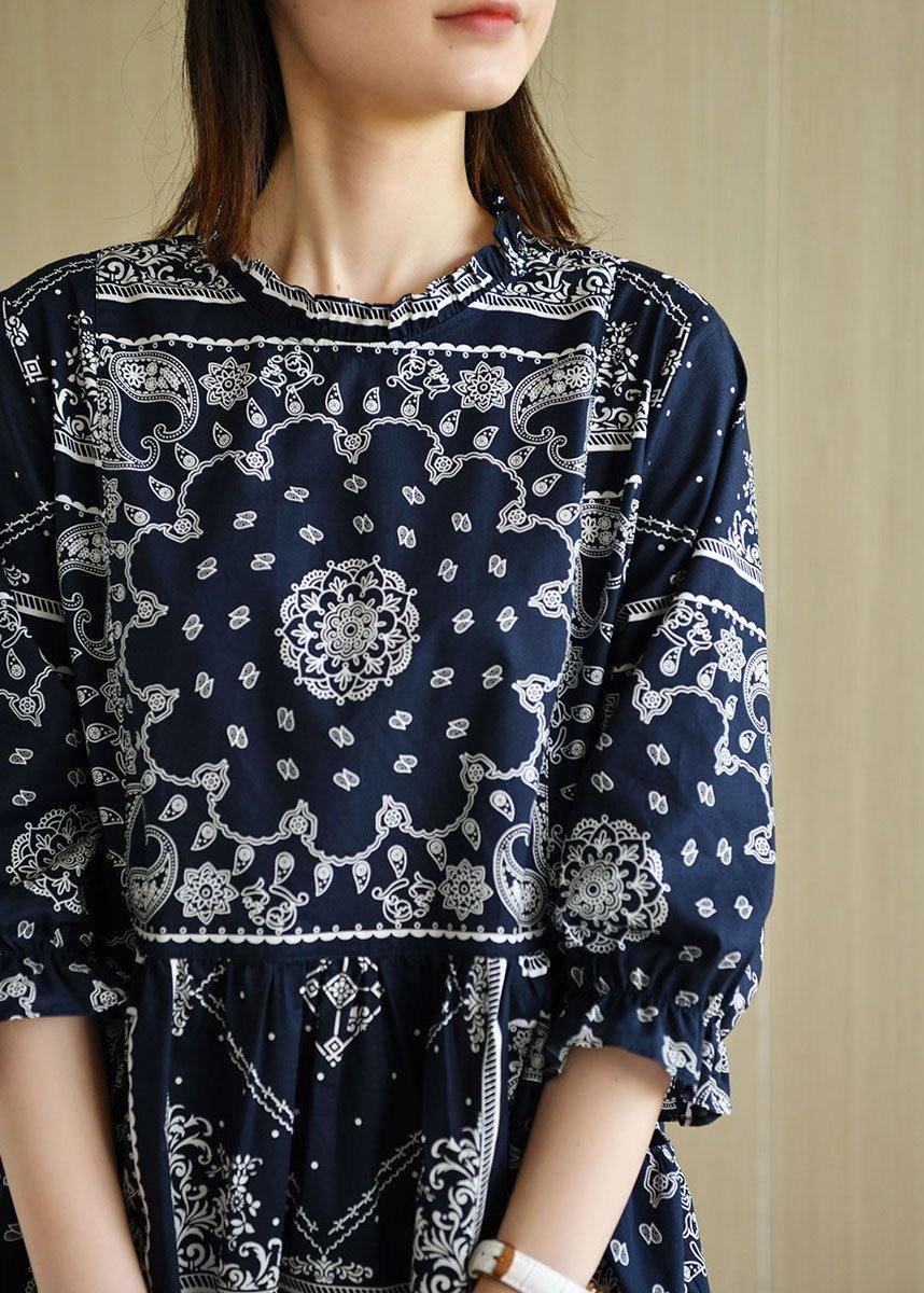 Boutique Navy Loose O-Neck Print Summer Cotton Dress Half Sleeve - SooLinen