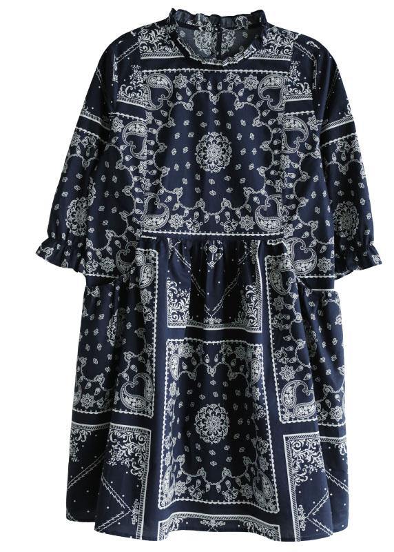 Boutique Navy Loose O-Neck Print Summer Cotton Dress Half Sleeve - SooLinen