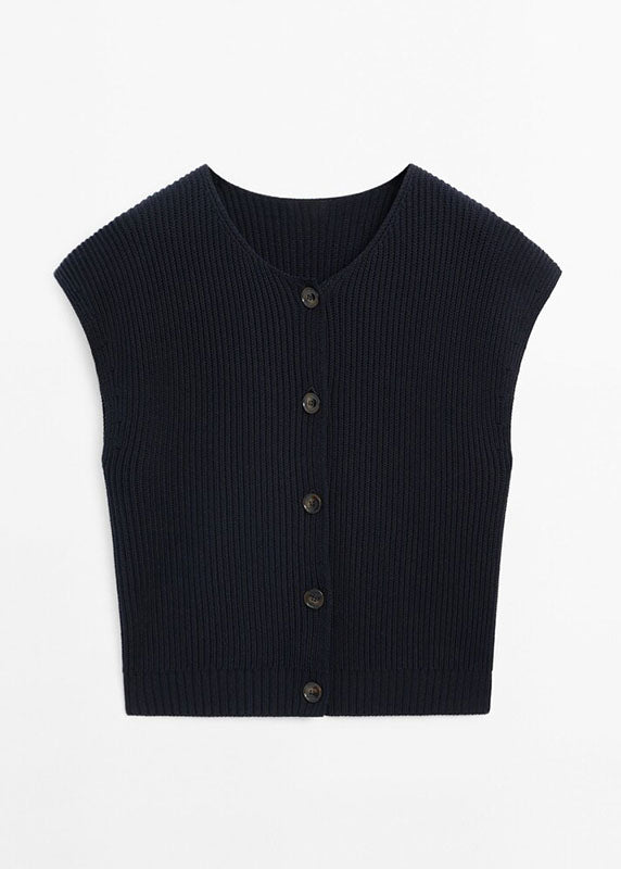 Chaleco corto sin mangas de punto de algodón con botones y cuello redondo en azul marino de Boutique