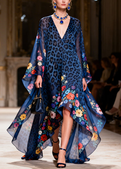 Boutique Navy V Neck Print Asymmetrical Chiffon Long Dresses Summer