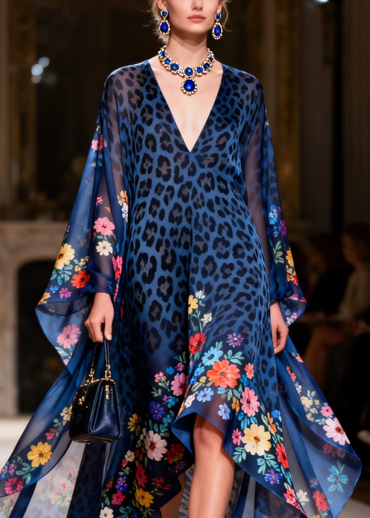 Boutique Navy V Neck Print Asymmetrical Chiffon Long Dresses Summer