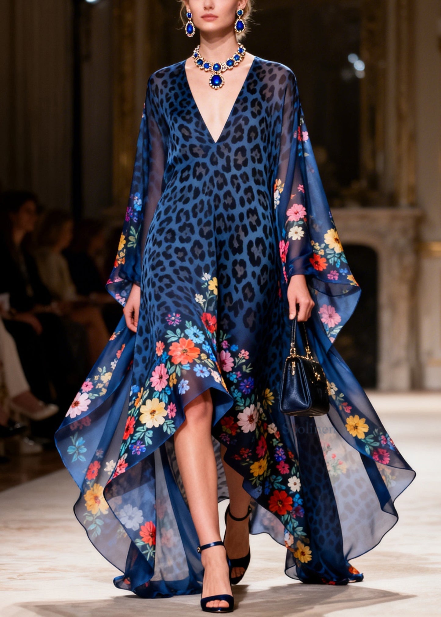 Boutique Navy V Neck Print Asymmetrical Chiffon Long Dresses Summer