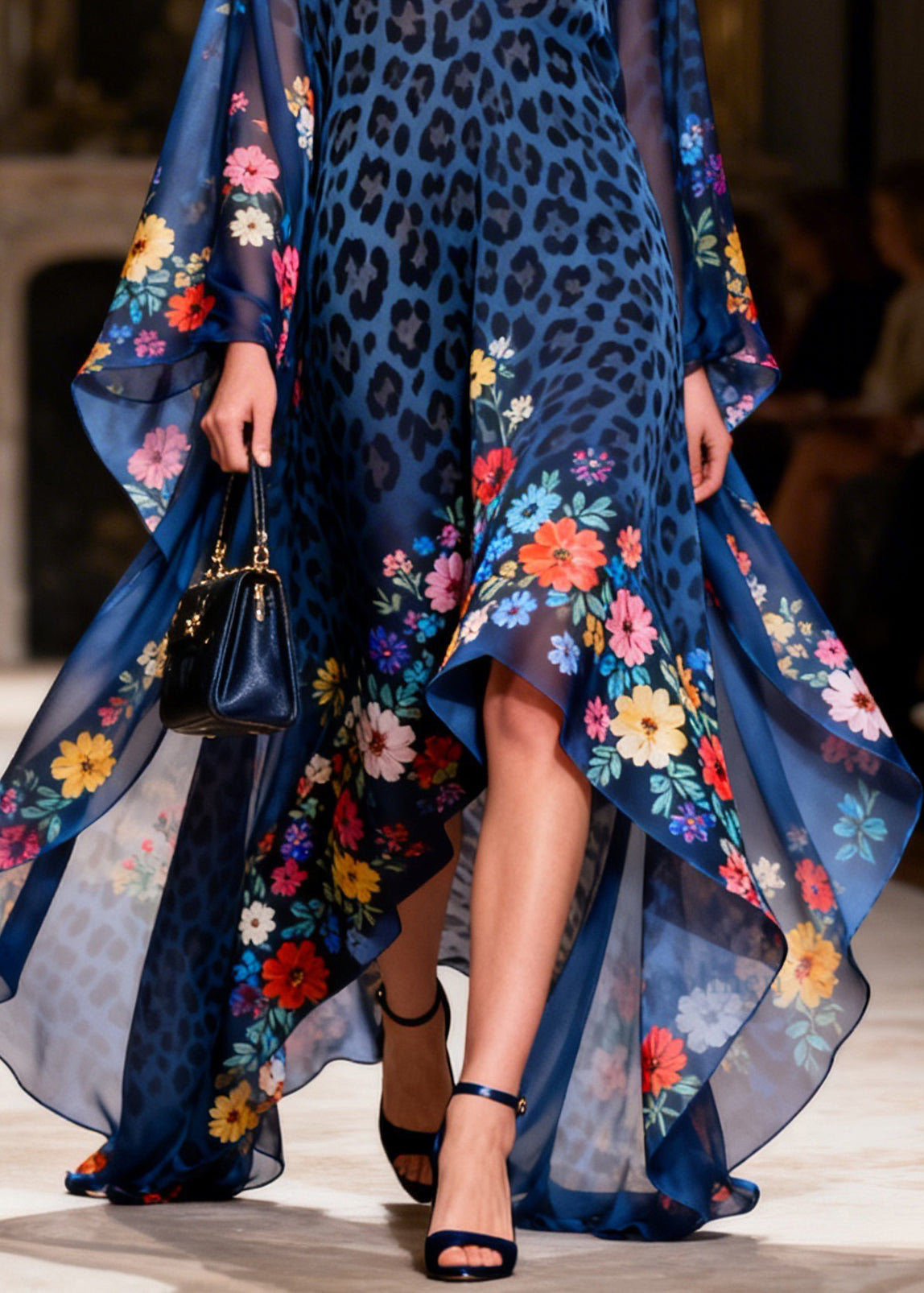 Boutique Navy V Neck Print Asymmetrical Chiffon Long Dresses Summer