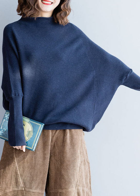 Boutique Marineblauer Wollstrickpullover Tops Fledermausflügelärmel