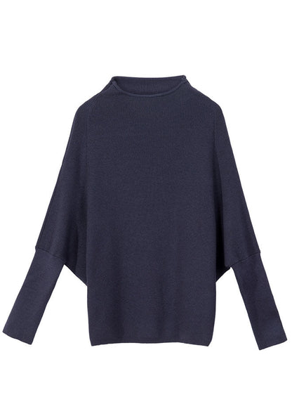 Boutique Marineblauer Wollstrickpullover Tops Fledermausflügelärmel