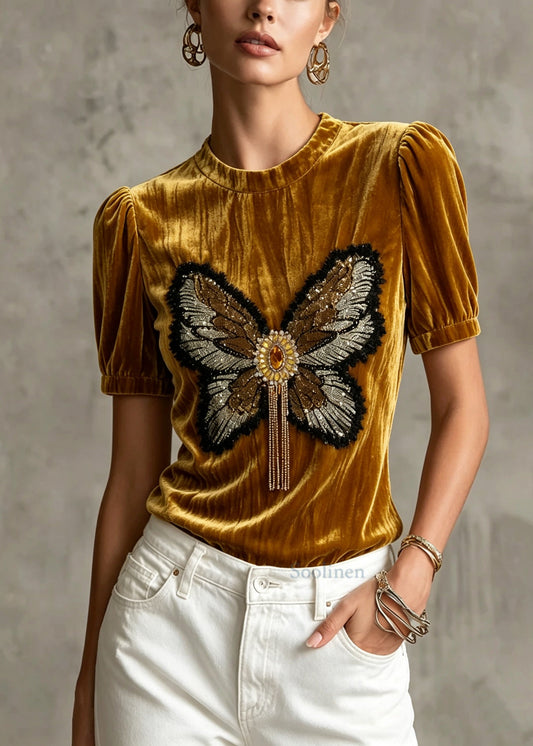 Boutique O Neck Butterfly Sequins Zircon Velour Top Summer
