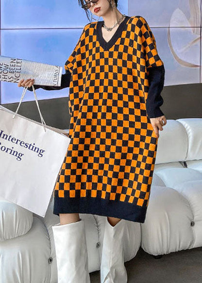 Boutique Orange Schwarz Plaid Dicker gemütlicher Winter Langer Pullover