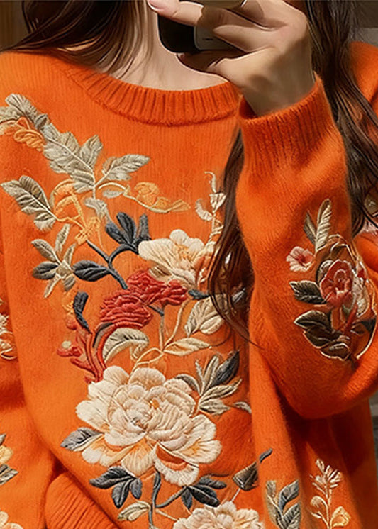 Boutique Orange O-Neck Dick Floral Strickpullover Winter