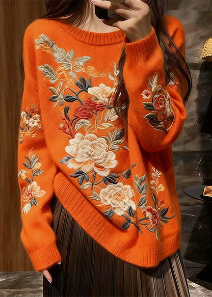 Boutique Orange O Neck Thick Floral Knit Sweaters Winter