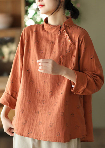 Boutique Orange Peter Pan Kragen Druck Knopf Baumwolle Tops Langarm